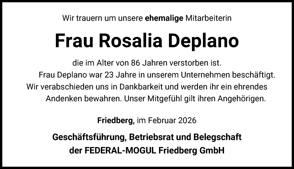 Traueranzeige von Rosalia Deplano von Friedberger Allgemeine