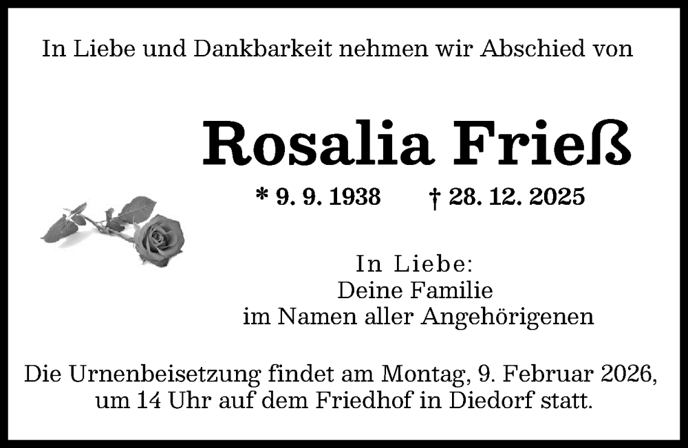  Traueranzeige für Rosalia Frieß vom 07.02.2026 aus Augsburger Allgemeine