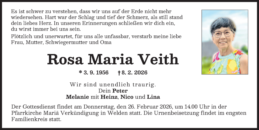  Traueranzeige für Rosa Maria Veith vom 21.02.2026 aus Augsburg-Land