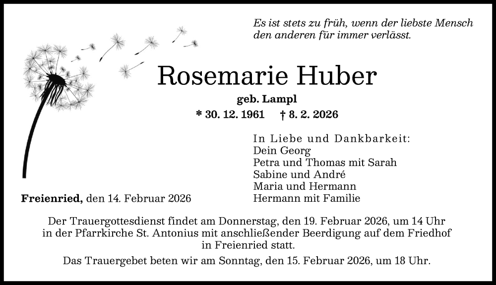  Traueranzeige für Rosemarie Huber vom 14.02.2026 aus Friedberger Allgemeine