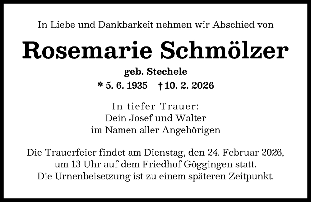  Traueranzeige für Rosemarie Schmölzer vom 21.02.2026 aus Augsburger Allgemeine