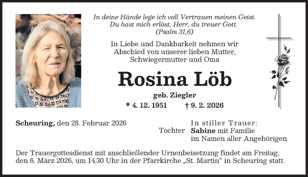  Traueranzeige für Rosina Löb vom 28.02.2026 aus Landsberger Tagblatt