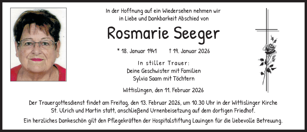  Traueranzeige für Rosmarie Seeger vom 11.02.2026 aus Donau Zeitung