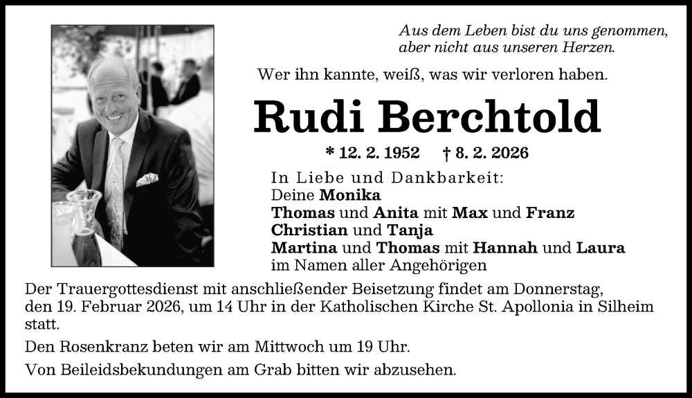  Traueranzeige für Rudi Berchtold vom 14.02.2026 aus Günzburger Zeitung, Neu-Ulmer Zeitung