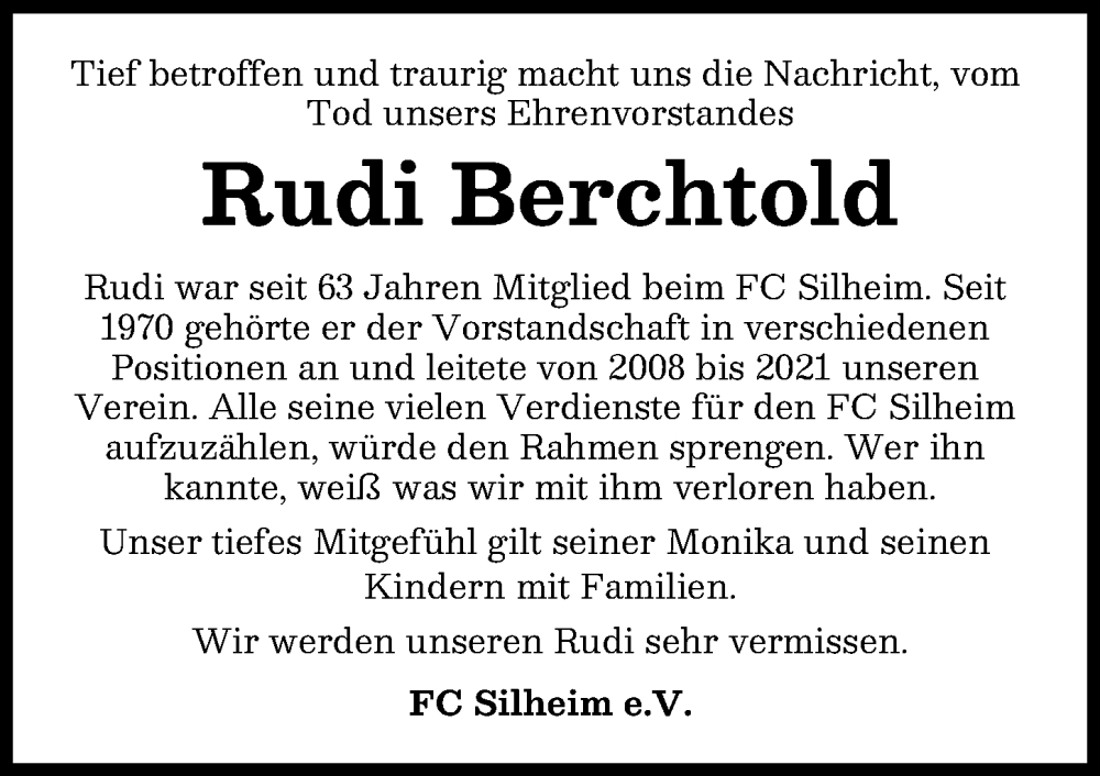 Traueranzeige von Rudi Berchtold von Günzburger Zeitung, Neu-Ulmer Zeitung