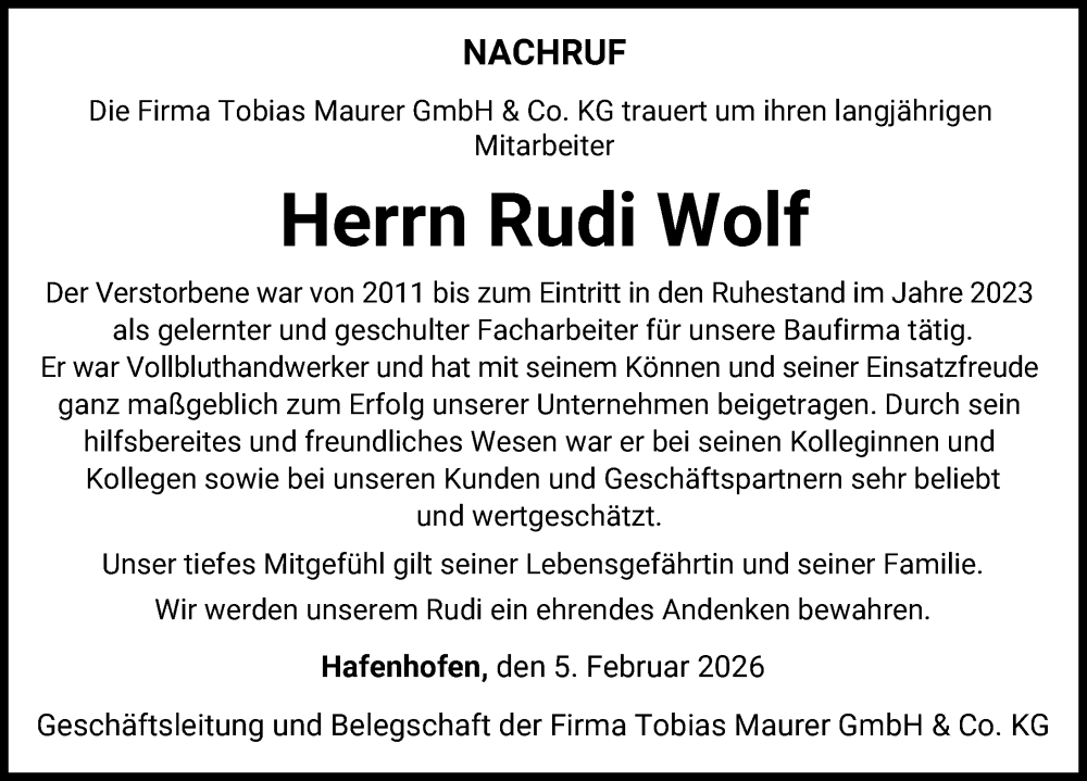  Traueranzeige für Rudi Wolf vom 05.02.2026 aus Günzburger Zeitung