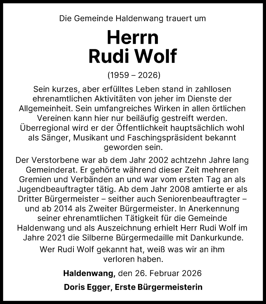 Traueranzeige von Rudi Wolf von Günzburger Zeitung