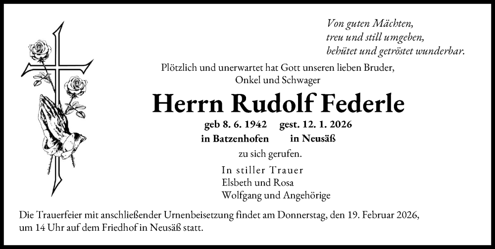  Traueranzeige für Rudolf Federle vom 14.02.2026 aus Augsburger Allgemeine
