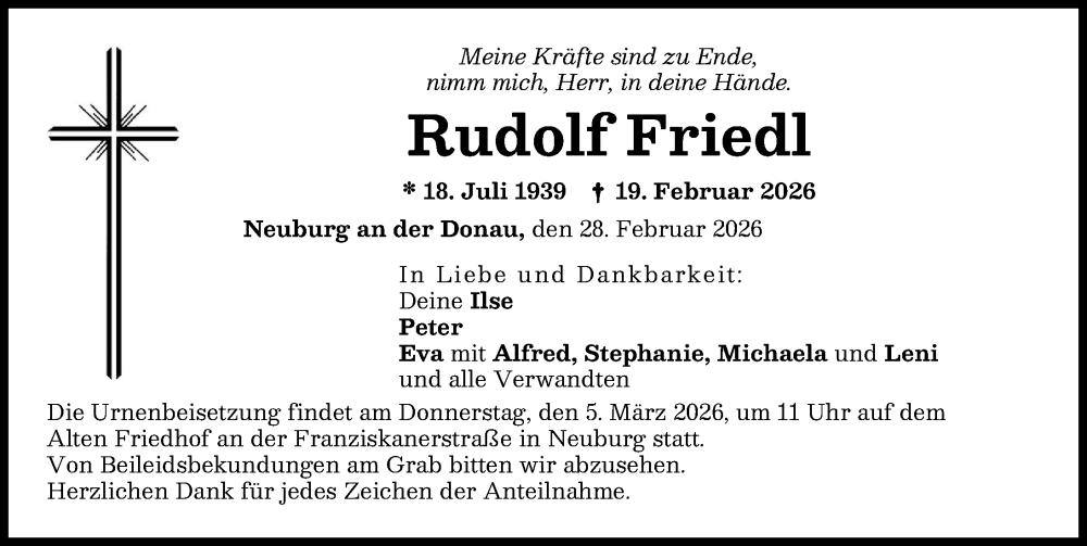 Traueranzeige von Rudolf Friedl von Neuburger Rundschau