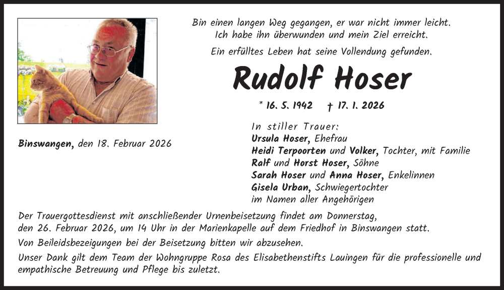  Traueranzeige für Rudolf Hoser vom 18.02.2026 aus Donau Zeitung, Wertinger Zeitung