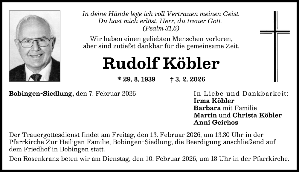  Traueranzeige für Rudolf Köbler vom 07.02.2026 aus Schwabmünchner Allgemeine