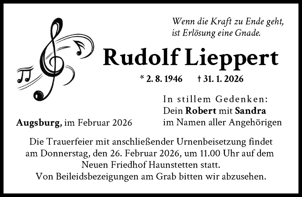  Traueranzeige für Rudolf Lieppert vom 21.02.2026 aus Augsburger Allgemeine
