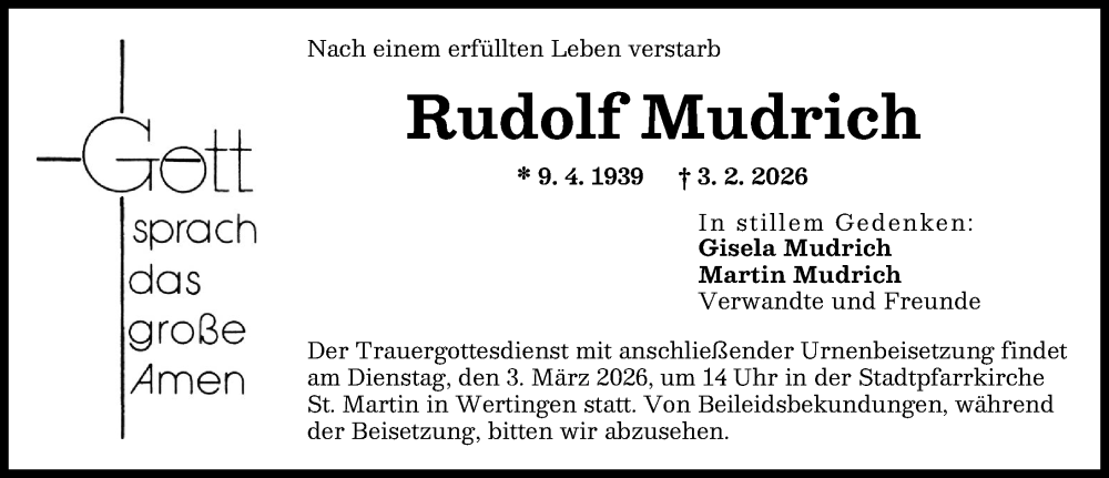  Traueranzeige für Rudolf Mudrich vom 21.02.2026 aus Donau Zeitung, Wertinger Zeitung