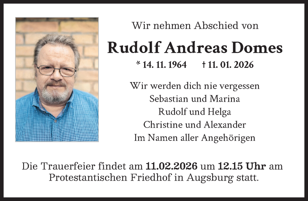  Traueranzeige für Rudolf Andreas Domes vom 07.02.2026 aus Augsburger Allgemeine