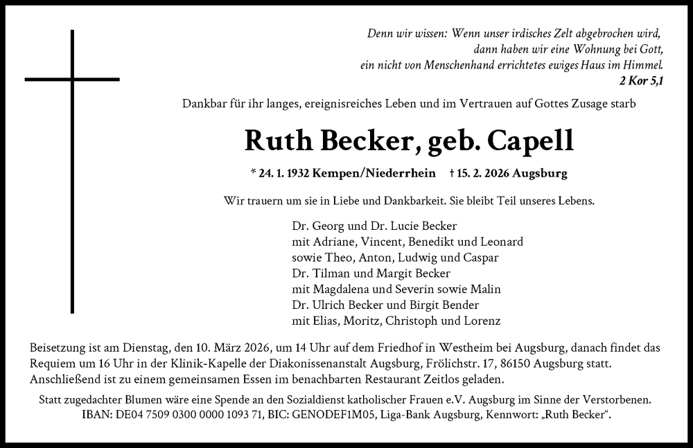  Traueranzeige für Ruth Becker vom 28.02.2026 aus Augsburger Allgemeine