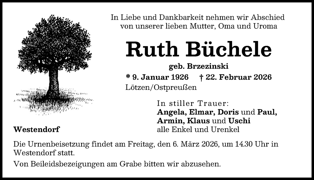 Traueranzeige von Ruth Büchele von Augsburg-Land