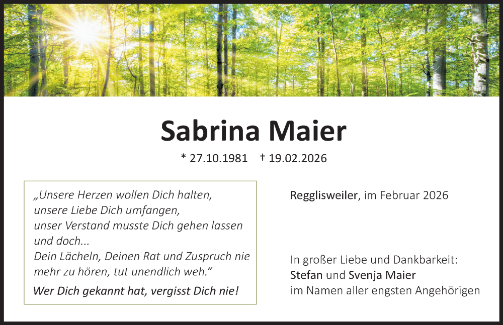Traueranzeige von Sabrina Maier von Illertisser Zeitung