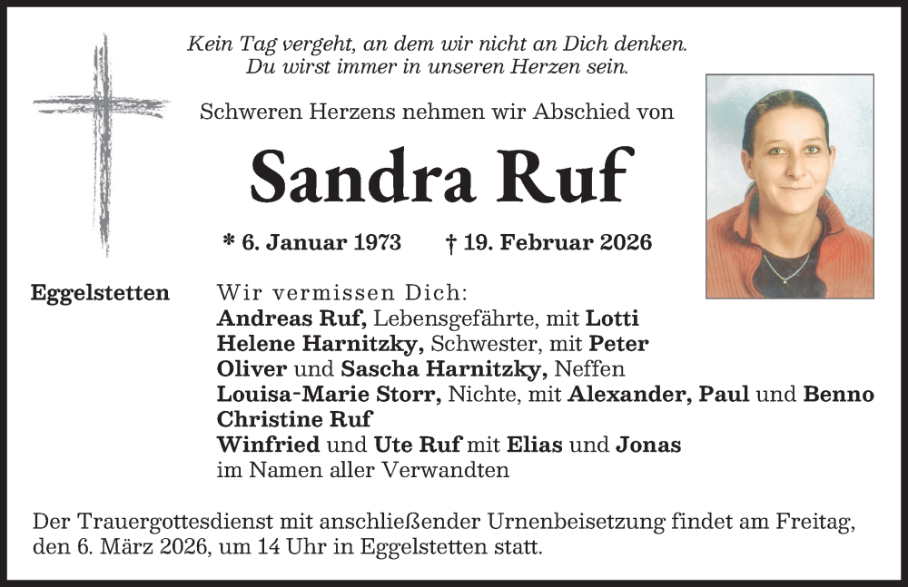  Traueranzeige für Sandra Ruf vom 28.02.2026 aus Donauwörther Zeitung