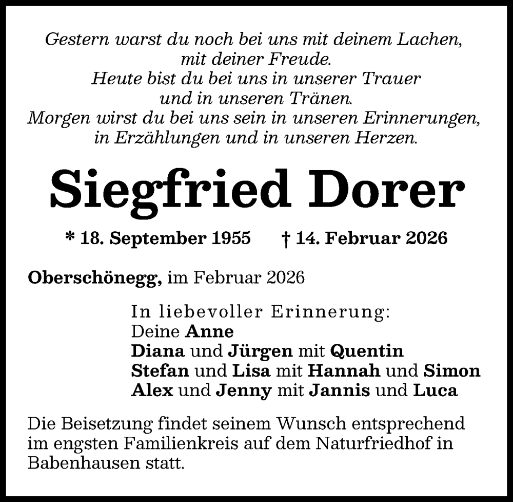  Traueranzeige für Siegfried Dorer vom 21.02.2026 aus Illertisser Zeitung