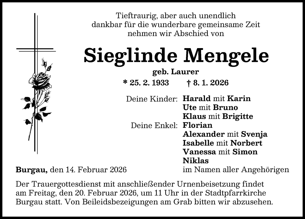  Traueranzeige für Sieglinde Mengele vom 14.02.2026 aus Günzburger Zeitung