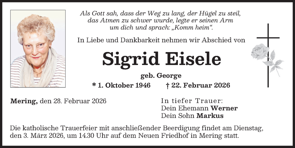 Traueranzeige von Sigrid Eisele von Friedberger Allgemeine