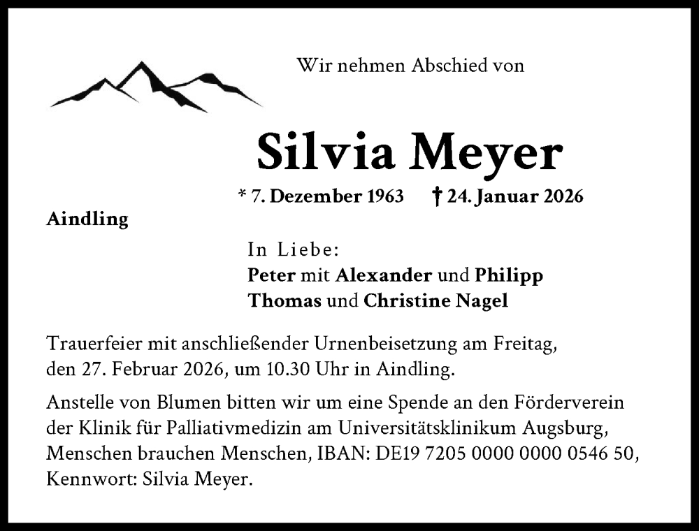  Traueranzeige für Silvia Meyer vom 14.02.2026 aus Aichacher Nachrichten