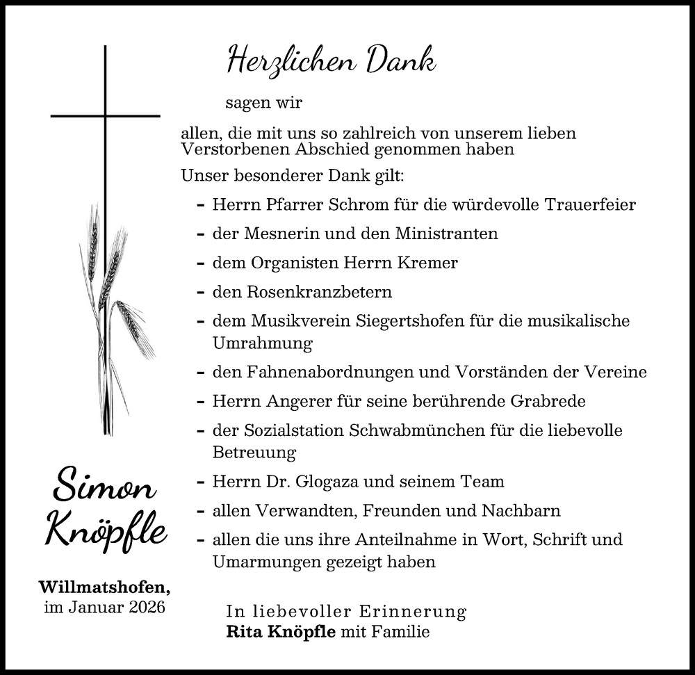  Traueranzeige für Simon Knöpfle vom 07.02.2026 aus Augsburger Allgemeine