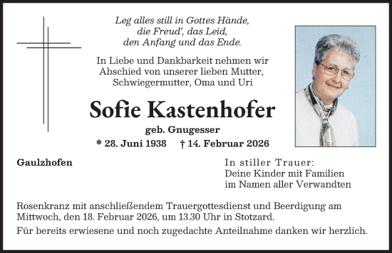 Traueranzeige von Sofie Kastenhofer von Aichacher Nachrichten