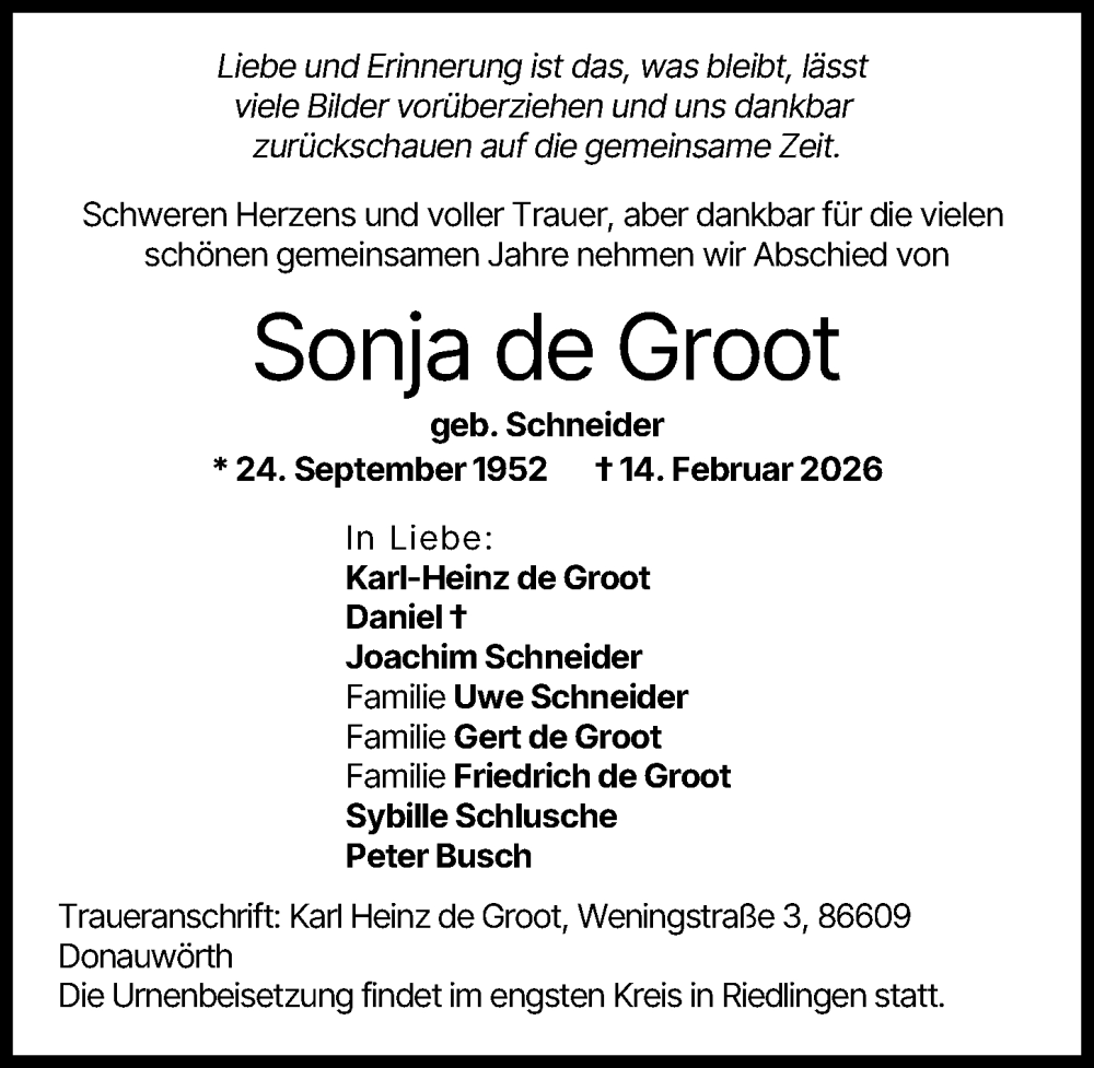  Traueranzeige für Sonja de Groot vom 21.02.2026 aus Donauwörther Zeitung