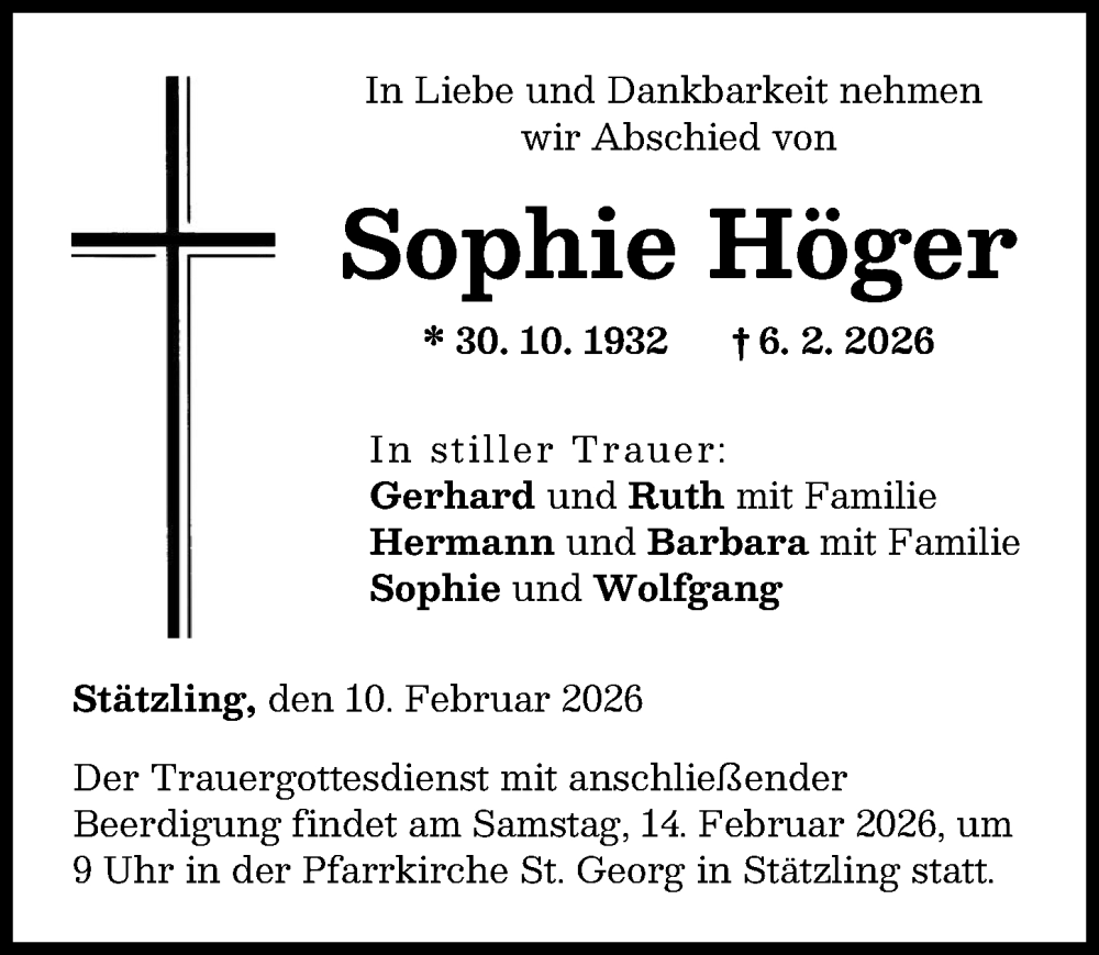  Traueranzeige für Sophie Höger vom 10.02.2026 aus Friedberger Allgemeine