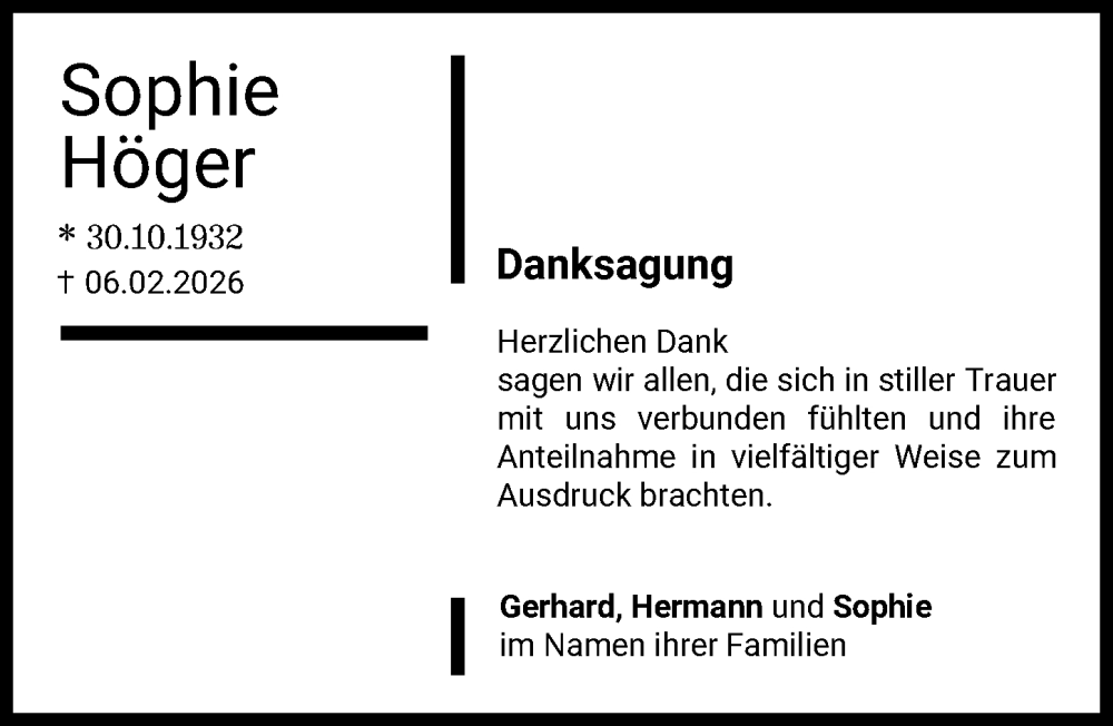 Traueranzeige von Sophie Höger von Friedberger Allgemeine