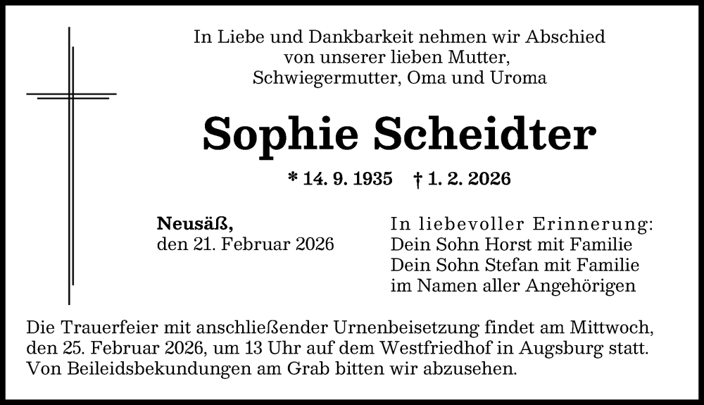  Traueranzeige für Sophie Scheidter vom 21.02.2026 aus Augsburger Allgemeine