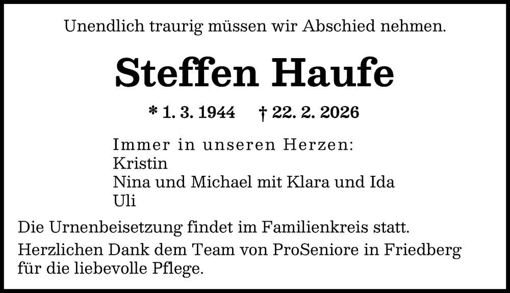 Traueranzeige von Steffen Haufe von Augsburger Allgemeine