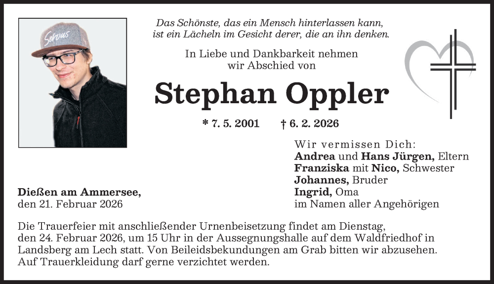  Traueranzeige für Stephan Oppler vom 21.02.2026 aus Landsberger Tagblatt