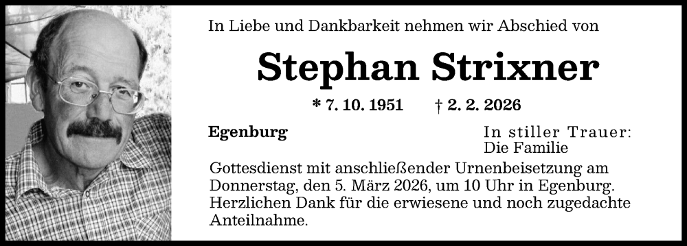 Traueranzeige von Stephan Strixner von Friedberger Allgemeine