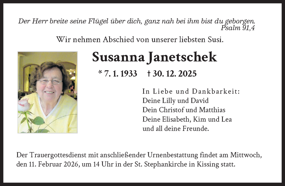  Traueranzeige für Susanna Janetschek vom 07.02.2026 aus Friedberger Allgemeine