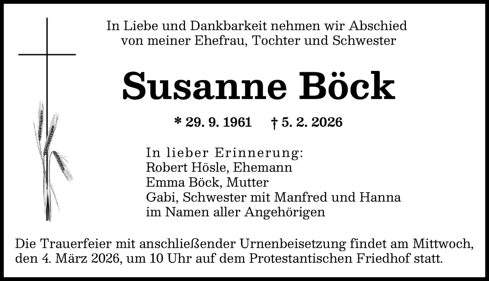  Traueranzeige für Susanne Böck vom 28.02.2026 aus Augsburger Allgemeine