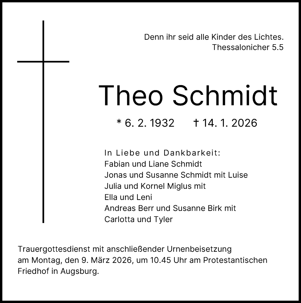  Traueranzeige für Theo Schmidt vom 07.02.2026 aus Augsburger Allgemeine