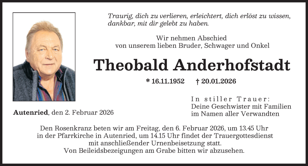  Traueranzeige für Theobald Anderhofstadt vom 02.02.2026 aus Günzburger Zeitung