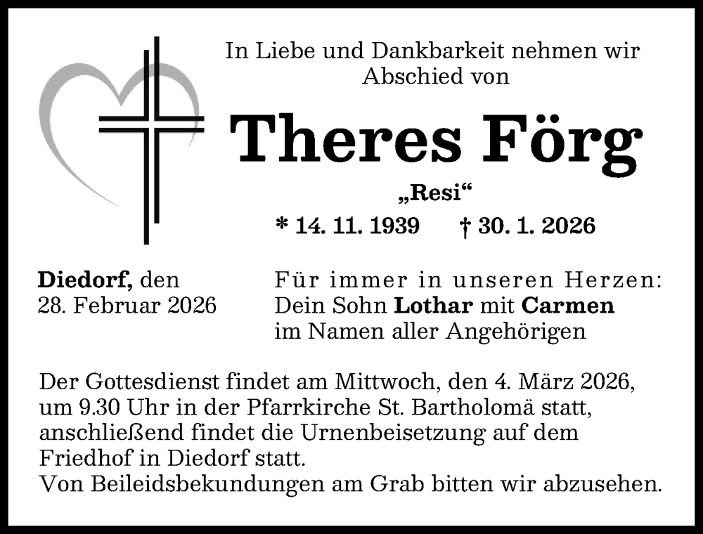  Traueranzeige für Theres Förg vom 28.02.2026 aus Augsburg-Land