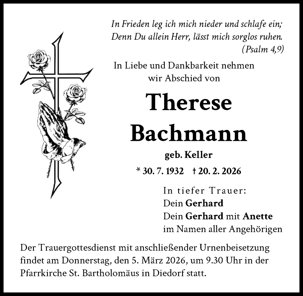  Traueranzeige für Therese Bachmann vom 28.02.2026 aus Augsburg-Land