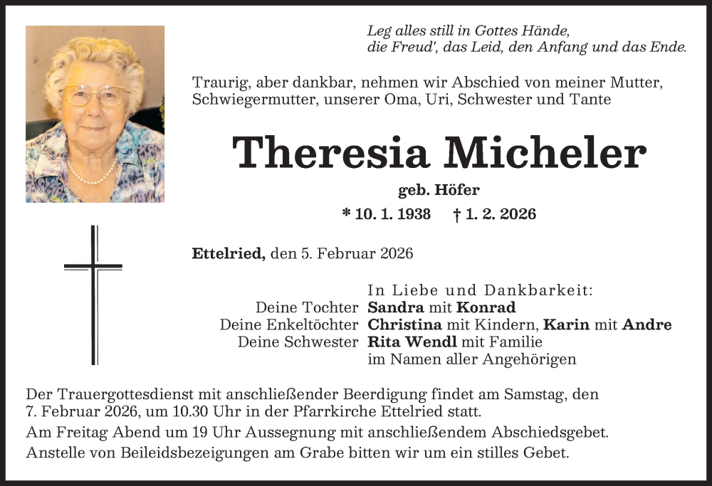  Traueranzeige für Theresia Micheler vom 05.02.2026 aus Augsburg-Land