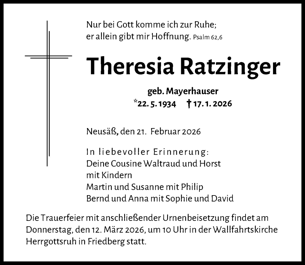  Traueranzeige für Theresia Ratzinger vom 21.02.2026 aus Friedberger Allgemeine