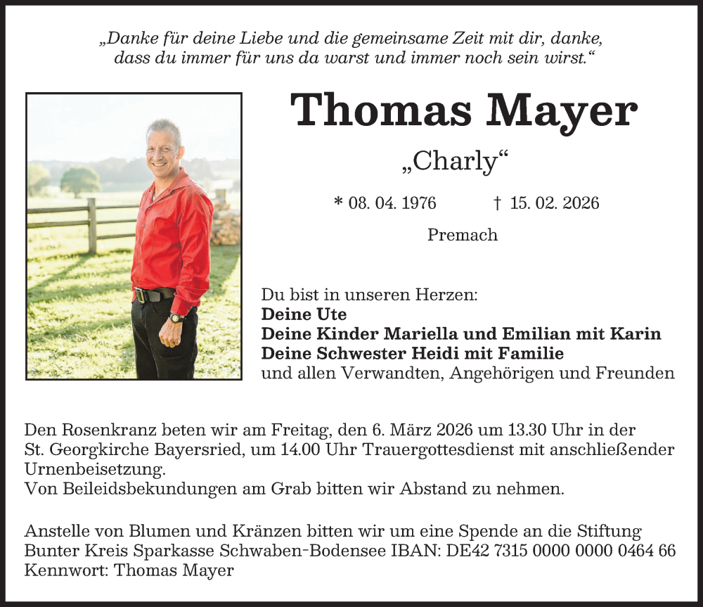 Traueranzeige für Thomas Mayer vom 28.02.2026 aus Mittelschwäbische Nachrichten