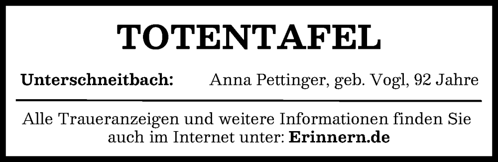  Traueranzeige für Totentafel vom 03.02.2026 vom 03.02.2026 aus Aichacher Nachrichten