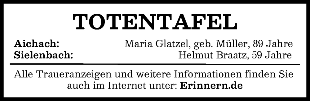  Traueranzeige für Totentafel vom 07.02.2026 vom 07.02.2026 aus Aichacher Nachrichten