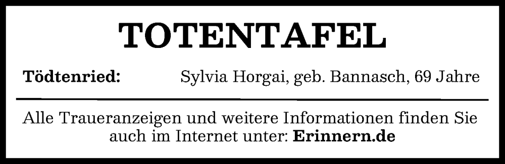 Traueranzeige für Totentafel vom 11.02.2026 vom 11.02.2026 aus Aichacher Nachrichten