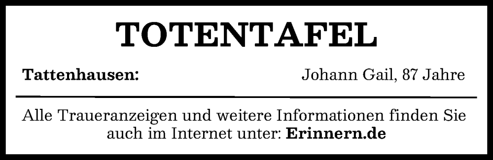  Traueranzeige für Totentafel vom 20.02.2026 vom 20.02.2026 aus Aichacher Nachrichten