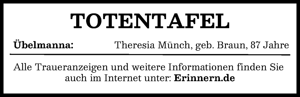  Traueranzeige für Totentafel vom 27.02.2026 vom 27.02.2026 aus Aichacher Nachrichten