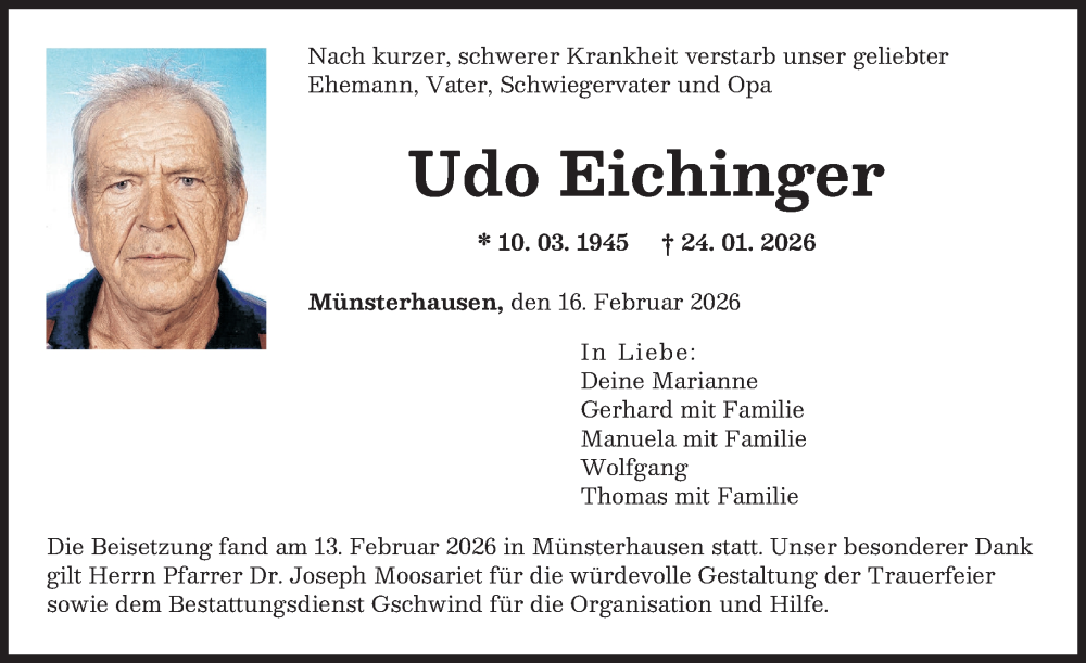  Traueranzeige für Udo Eichinger vom 16.02.2026 aus Mittelschwäbische Nachrichten